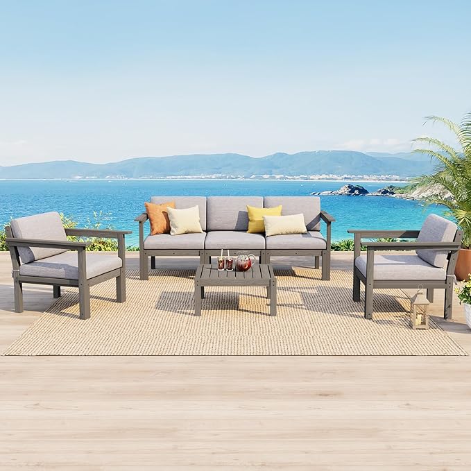 Stoog 6-Piece Modular Outdoor Sectional Sofa Set, All-Weather Patio Furniture - Waterproof HIPS Frame with Quick-Dry Olefin Cushions, Grey