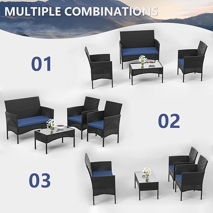 4 Pieces Outdoor Patio Furniture Sets,Wicker Conversation Set with Coffee Table,Loveseat and Wicker Patio Chairs with Soft Cushion for Porch, Garden, Lawn(Navy Blue)
