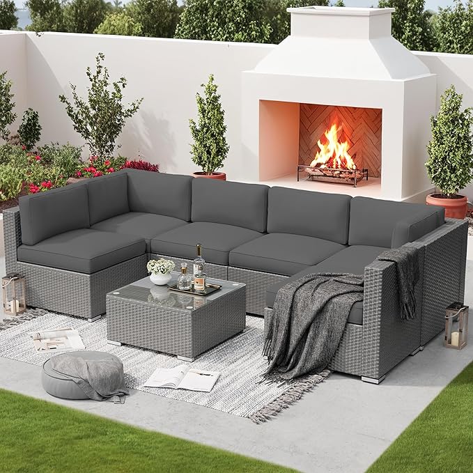 Outdoor Patio Furniture 7-Piece Patio Grey Wicker Modular Sectional Sofa Seating, Patio Conversation Set with Glass Coffee Table & Black Covers (Grey Cushion)