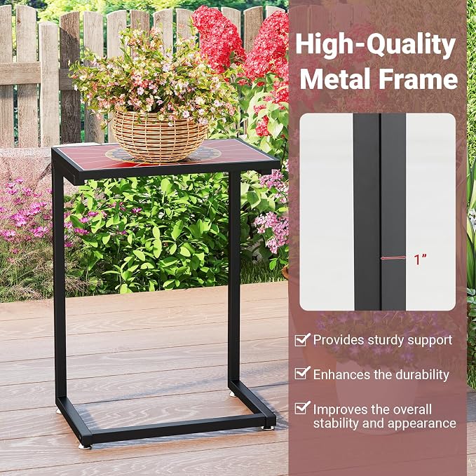 Tangkula C-Shaped Outdoor Side Table, w/Ceramic Top & Anti-Rust Metal Frame, Small Patio End Table for Couch, Sofa & Bed, Outdoor & Indoor Accent Furniture for Living Room, Poolside, Balcony (1, Red)