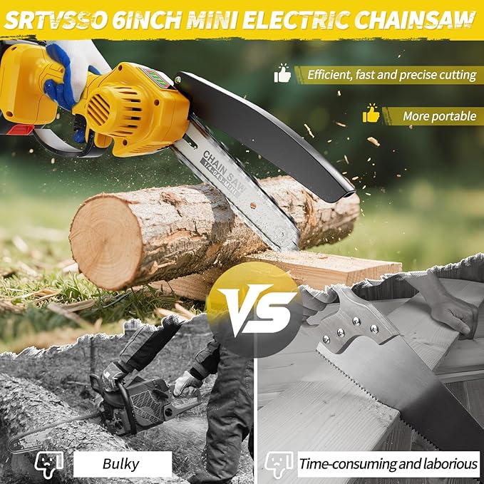 Mini Chainsaw - 6 Inch Battery Chainsaw with Power Display, 2 Batteries Included, Garden Tool for Tree Branch Trimming & Wood Cutting, Ideal Holiday Gifts for Men, Fathers & Gardening Enthusiasts