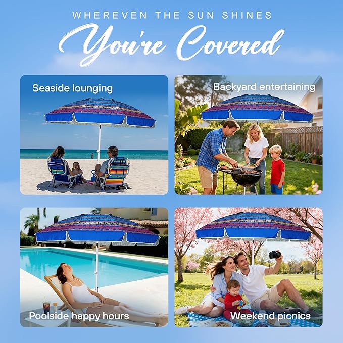 AMMSUN 8 Feet Large Beach Umbrella with Sand Anchor Heavy Duty High Wind Portable Outdoor Umbrellas UV 50+ Protection Air Vent Tilt Patio Garden Pool