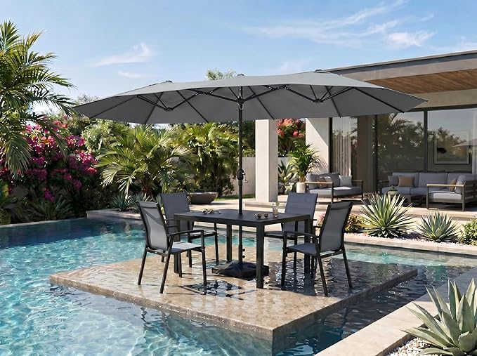 PURPLE LEAF 14ft Patio Market Umbrella with Base Double-Sided Rectangle Outdoor Table Sun Umbrellas with Crank 12 Heavy Duty Sturdy Ribs for Pool Beach Deck Backyard Light Gray
