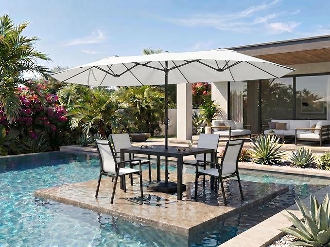 PURPLE LEAF 14ft Patio Market Umbrella with Base Double-Sided Rectangle Outdoor Table Sun Umbrellas with Crank 12 Heavy Duty Sturdy Ribs for Pool Beach Deck Backyard Cream