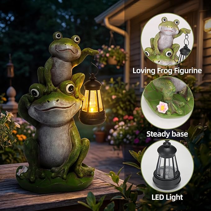 Lyeasw Solar Frog Garden Statues with Lights, Waterproof Outdoor Frog Decor for Patio Porch Yard, Mother’s Day Gardening Gift for Mom, Women & Frog Lovers
