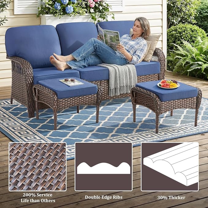 7 PCS Patio Furniture Set Outdoor Sectional Sofa Couch with Rocking Swivel Chairs 5" Deep Seat Chairs, Modern Wicker Rattan Conversation Set, Blue/Brown Wicker
