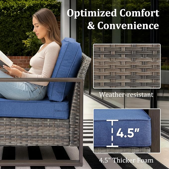 5-Piece Outdoor Patio Furniture Set with Swivel Chairs, All-Weather Wicker Sofa Set for Garden, Yard, Porch and Poolside Seating Grey/Blue