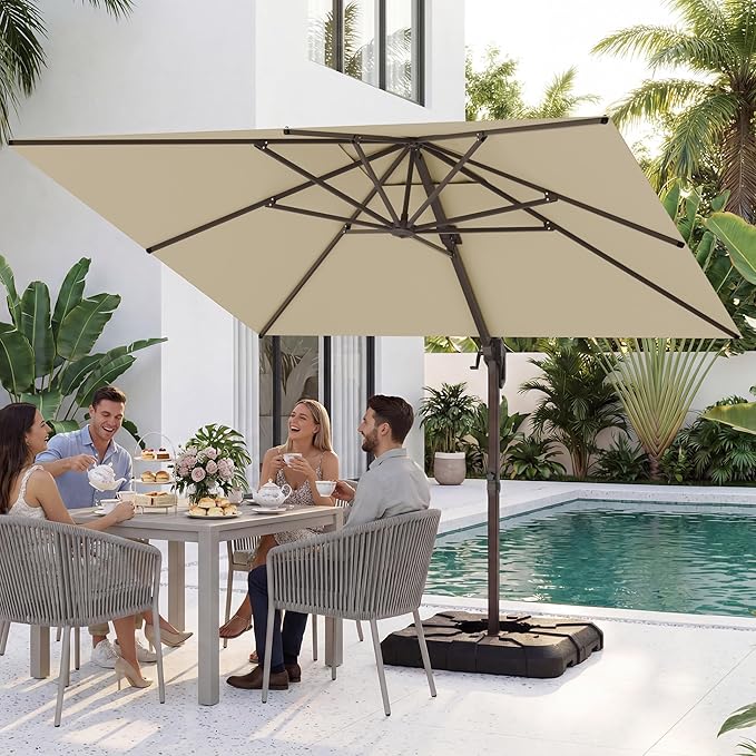 HASLE OUTFITTERS 10x10 FT Patio Cantilever Umbrella, Outdoor Offset Large Heavy Duty Umbrellas with 360° Rotation for Pool Garden Deck，Beige