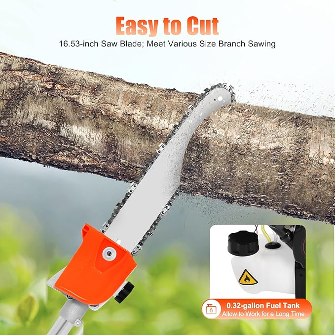 LOYALHEARTDY Pole Chainsaw 52CC 2-stroke Gasoline Pole Chainsaw, 9.5Ft Long Reach Tree Trimmer Tree Pruner Saw Gas Powered Tree Trimmer Pole Chainsaw Pruner Tree Pruner Gas Power