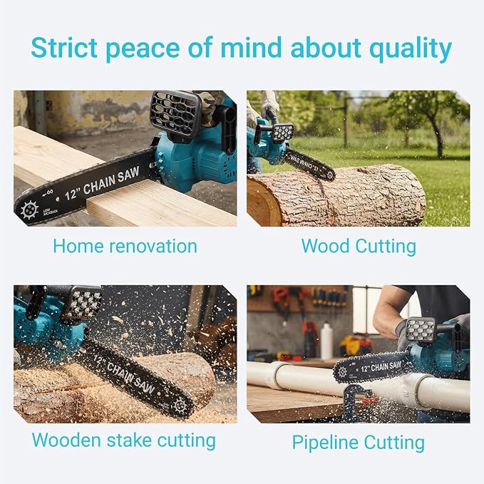 12" Cordless Chain Saw, 21V Brushless Motor Electric Handheld Electric Saw with 2x4.0Ah Batterry & 2 Chains, Auto-Oiler, Motosierra Eléctrica for Tree Trimming Wood Cutting Garden Farm Camping