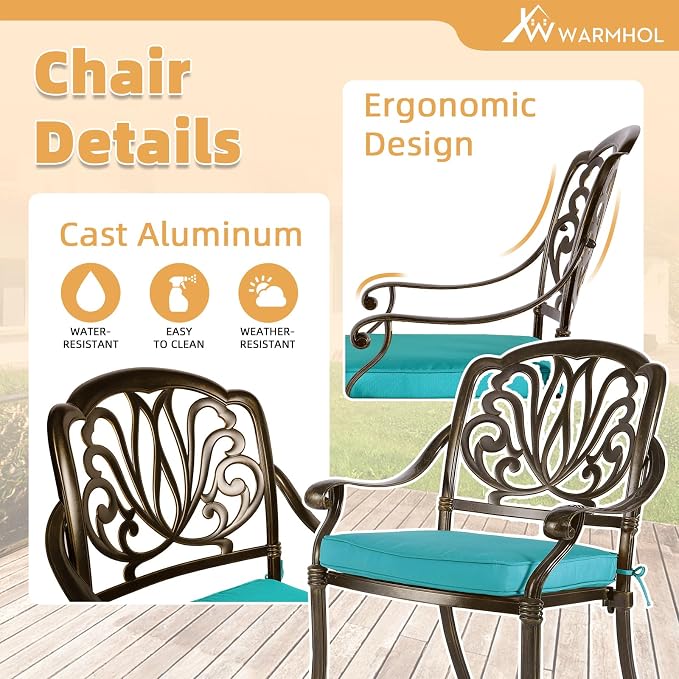 5-Piece Outdoor Patio Dining Set, All-Weather Cast Aluminum Patio Furniture Set for Backyard Garden Deck with 4 Chairs, 4 Cushions and 35.4” Square Table, 2.2" Umbrella Hole, Blue