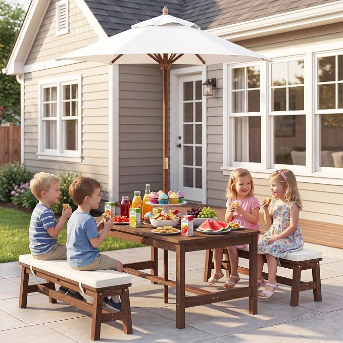 Olakids Kids Picnic Table, Outdoor Wooden Bench Set with Removable Cushions Adjustable Foldable Umbrella, Toddler Backyard Furniture for Patio Garden
