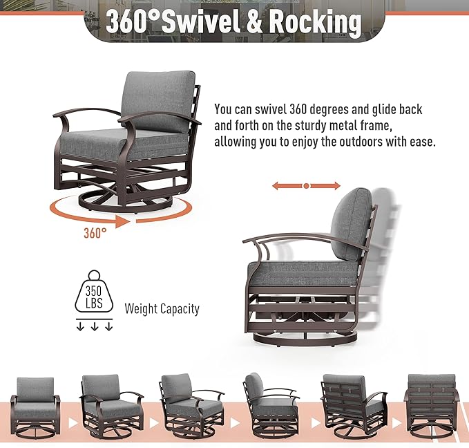 Kurapika Aluminum Patio Furniture Set 7-Seat Modern Metal Outdoor Conversation Sets w/Swivel Rocking Chairs Patio Sectional Sofa w/5.1 Inch Cushion, Grey