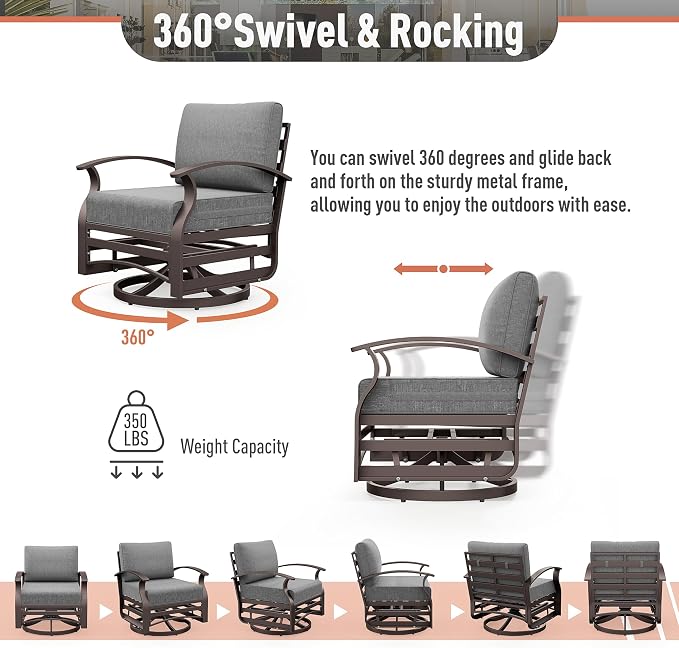 Kurapika Aluminum Patio Furniture Set 7-Seat Modern Metal Outdoor Conversation Sets w/Swivel Rocking Chairs Patio Sectional Sofa w/5.1 Inch Cushion, Grey