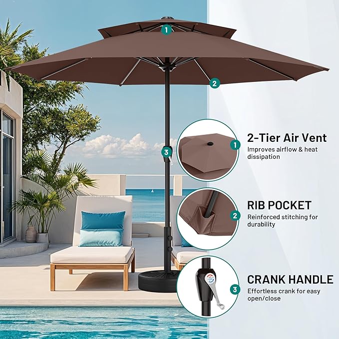 AreShark 12ft 2 Tiers Patio Umbrella - Outdoor Umbrella Waterproof UV Protection, Market Table Umbrella w/ 8 Sturdy Ribs&Crank for Pool, Porch, Garden(Dark Brown)