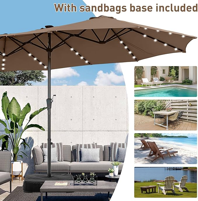 15 ft Patio Umbrella with 48 LED Lights, Large Rectangle Outdoor Solar Umbrella with Matching Base, Strap, Crank, Coffee