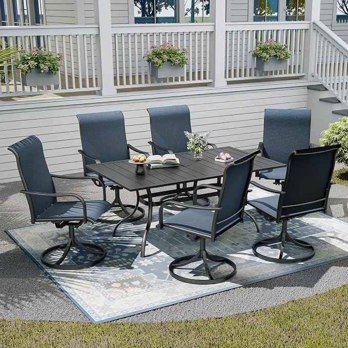 7-Piece Outdoor Dining Set with Umbrella Hole,63"x 38" Patio Table and Swivel Chairs Set for 6,Modern Garden Dining Set for Poolside Seaside Backyard