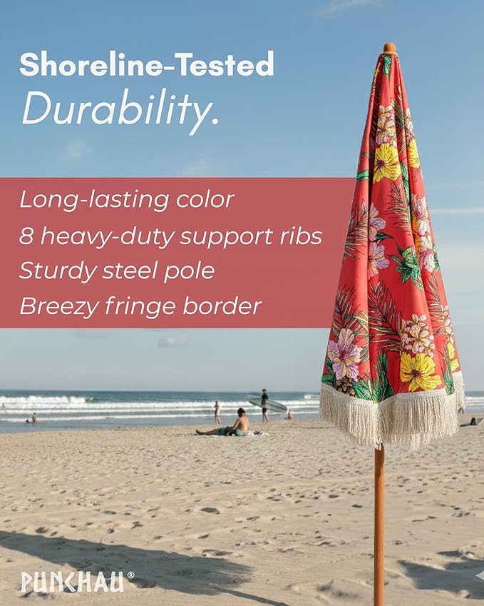 6 Ft Fringe Patio Umbrella - Outdoor Umbrella for Patio, Pool, Table, Garden, Deck, Beach, and Outdoors - Fashionable Boho Vintage Tassels & Wood Print - Push Button Tilt Pole