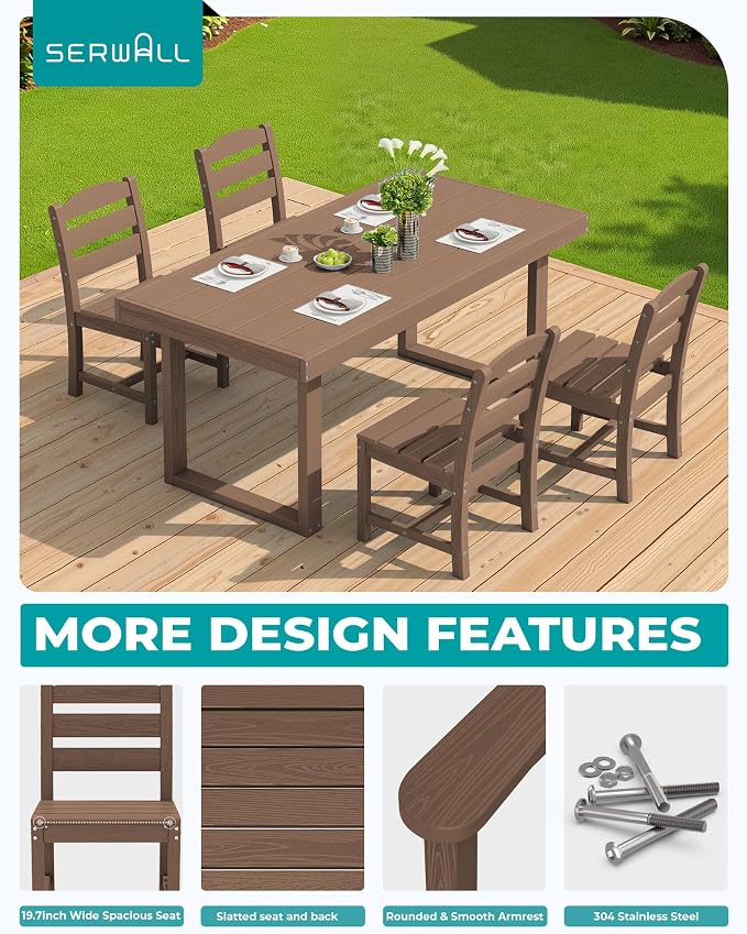 SERWALL HDPE Outdoor Dining Set for 4, 67'' Patio Table and Chairs Set | with Armless Seat