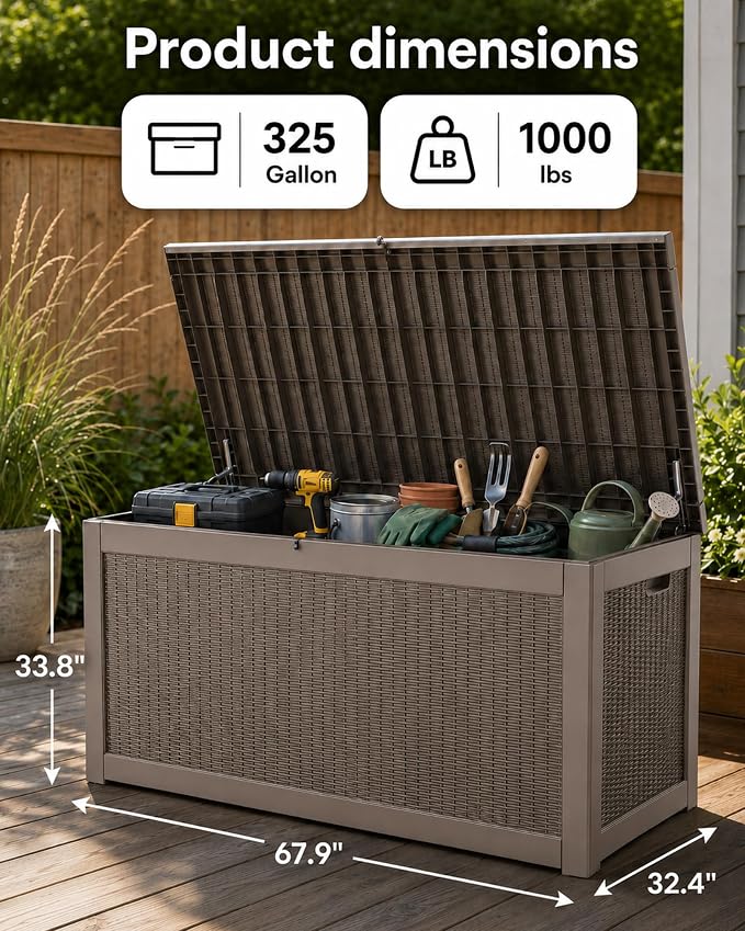 MAKINO 325 Gallon Extra Large Waterproof Deck Box, Heavy Duty Resin Outdoor Storage Box, Outside Storage Bench with Hydraulic Rod for Patio/Cushions/Garden Tools/Backyard/Pool Accessories, Grey Brown