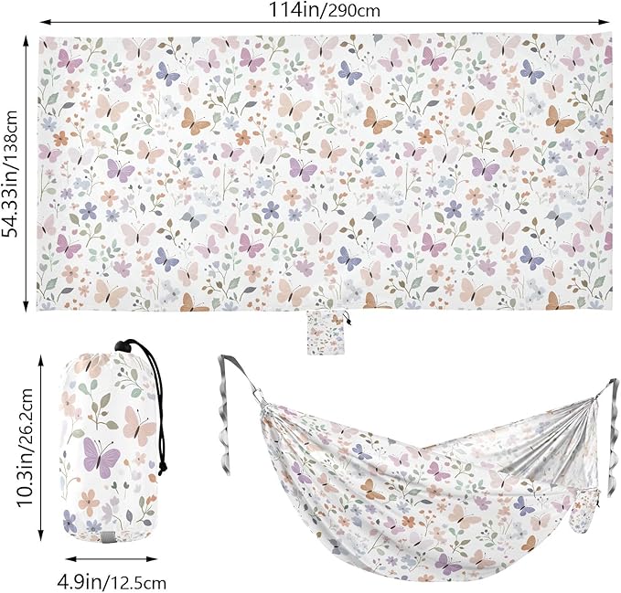 Camping Hammock Outdoor Hammocks for Outside Butterflies Flowers Pastel Beach Trees Portable Lightweight with Pockets Tree Straps Indoor