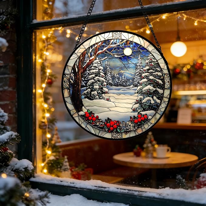 DASTOLL Stained Glass Window Hanging Christmas Tree Winter Snow Night Scenery 7.8" - Suncatcher Door Garden Kitchen Sun Catcher Home Decor Birthday for Mom Men Woman Friend