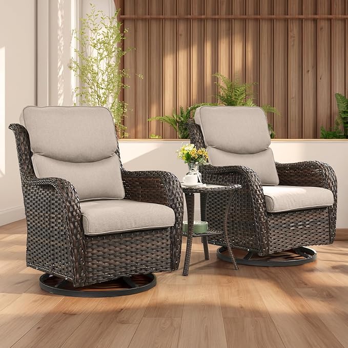 Rilyson Wicker Rocking Chair Swivel Chairs - 3 Piece Rocker Patio Furniture Set Rattan Rocking Bistro Sets with Glass Top Side Table for Outdoor Porch Deck Garden Backyard (Brown/Beige/Smile)