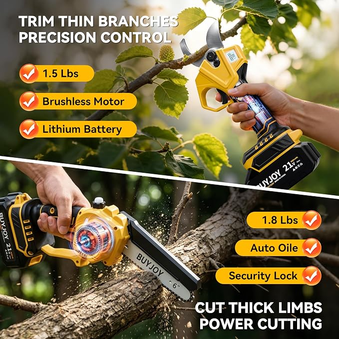BUYJOY 2-in-1 Mini Chainsaw & Electric Pruning Shears, 1.8" Cutting Capacity, 8 Inch Cordless Chainsaw with 2 x 4.0Ah Batteries, Battery Powered Branch Cutter for Tree Trimming and Garden Pruning