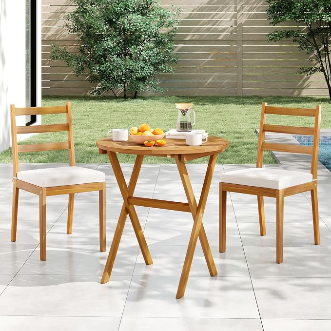 HAPPYGRILL Folding Acacia Wood Patio Table, Round Outdoor Bistro Table 26”, Outside Wooden Coffee Side Table for Porch Balcony Garden and Backyard (1)