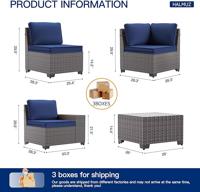 6 Pieces Patio Furniture Sets with Glass Tea Table,PE Rattan Wicker Patio Conversation Set with Washable Cushions,Outdoor Patio Sectional Furniture Set for Backyard, Poolside, Garden,Navy