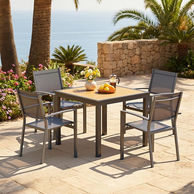 Wisteria Lane Patio Table and Chairs Set for 4, Outdoor Patio Furniture Set with Aluminum Table and Metal Textilene Chairs, All-Weather Outdoor Dining Set with HDPS Square Tabletop for Garden Porch