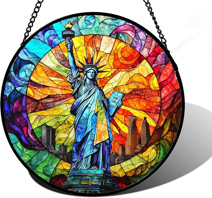 DASTOLL Stained Glass Window Hanging, Statue of Liberty Sun Catchers Diamond Glass Panel Hangings Suncatcher Decor for Birthday for Women, Men, Wife, Aunt, and Mom 7.8x7.8 in