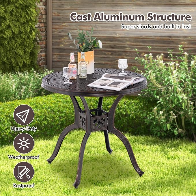 Giantex 31.5" Patio Bistro Table, Cast Aluminum Table Side Table with 2" Umbrella Hole & Adjustable Footpads, All-Weather Metal Outdoor Round Dining Table for Porch, Backyard