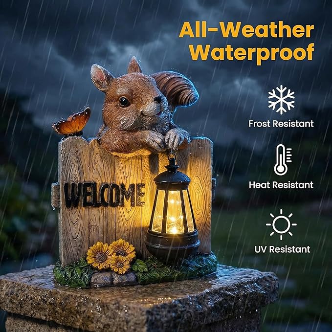 Garden Squirrel Welcome Sign with Solar Lantern, Decorative Outdoor Statue for Porch, Patio or Garden with Butterfly and Sunflowers