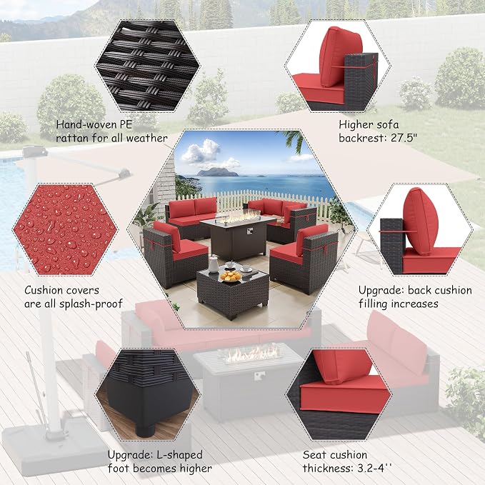 ALAULM 8 Pieces Patio Furniture Set with Aluminum Fire Pit Table Outdoor Furniture Sets 55000BTU Gas Fire Pit Brown PE Rattan Wicker Patio Conversation Sets w/6 Cushions-Red
