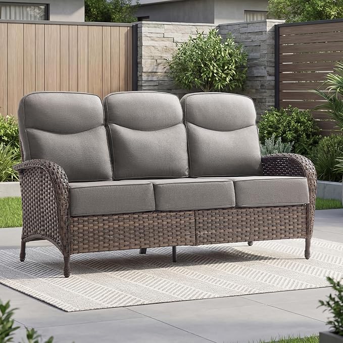 Outdoor Swivel Rocking Chair Patio Set (9pcs) High-Back - Thick Cushion Swivel Rocking Chair Patio with Fire Table Set, All-Weather Wicker Patio Furniture Set, Suitable for Balcony Patios, Brown/Gery