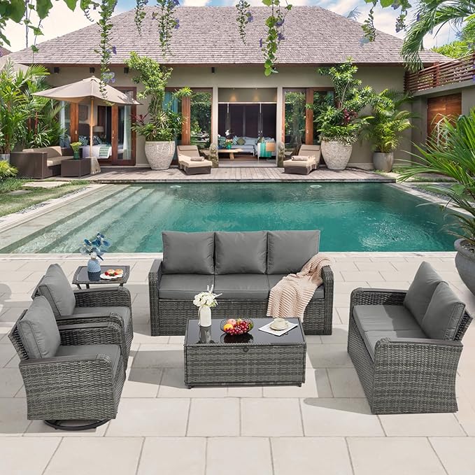 6 Pieces Patio Furniture Sets with Swivel Chairs, Outdoor Furniture Set for Porch Deck Bistro Lawn Garden Backyard Poolsid- Grey Rattan/Grey