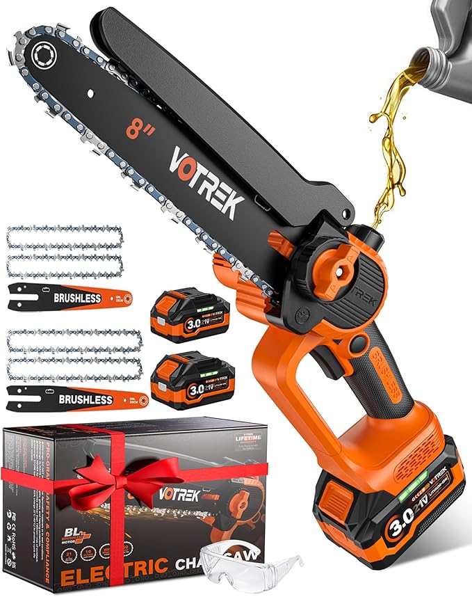 2-in-1 6-Inch & 8-Inch Mini Chainsaw Cordless, 2 x 3.0Ah Batteries, Electric Chain Saw with 4 Chains, 2 Bars, Brushless Motor, Auto Oiler, Tool-Free Tensioner for Tree Trimming and Yard Cleanup