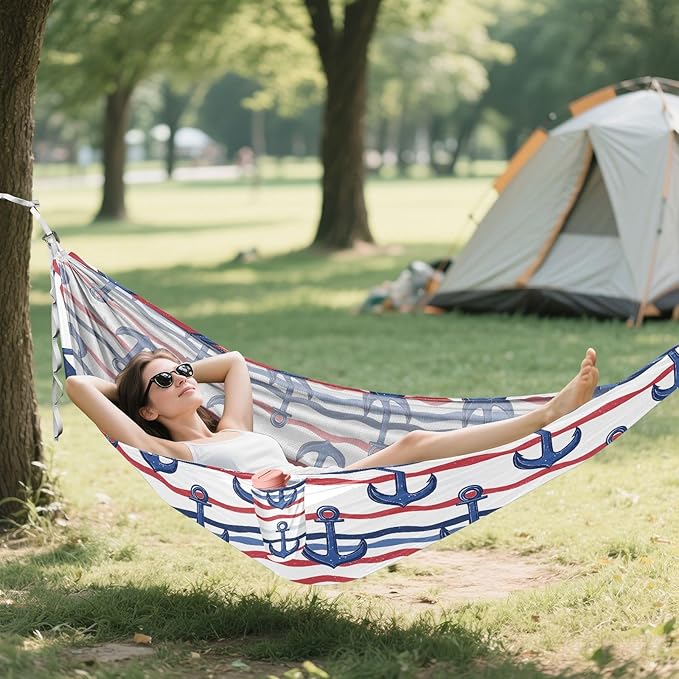 Camping Hammock Outdoor Hammocks for Outside Marine Stripe Beach Trees Portable Lightweight with Pockets Tree Straps Indoor