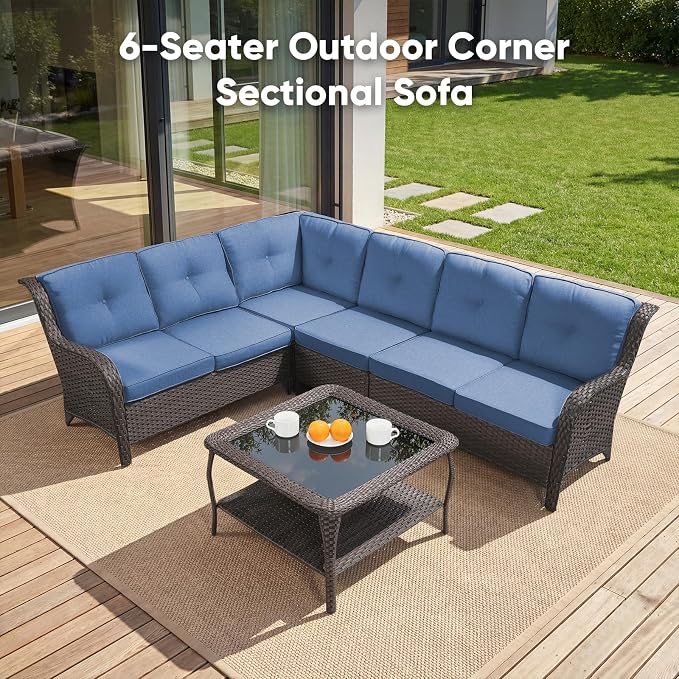 Belord Patio Furniture Set 6 Seats, Oversized Outdoor Sectional Couch, Two 3-Seater Sofas with Coffee Table, Patio Conversation Sets,Ideal for Porch, Deck, Brown Wicker/Blue