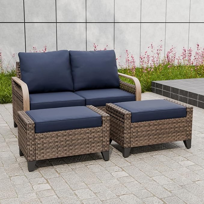 Modern Wicker Patio Furniture Set, Rattan Outdoor Conversation Set with Comfortable Cushions, 2 Seat Loveseat and 2 Ottomans, 3 Pieces, Brown/Blue