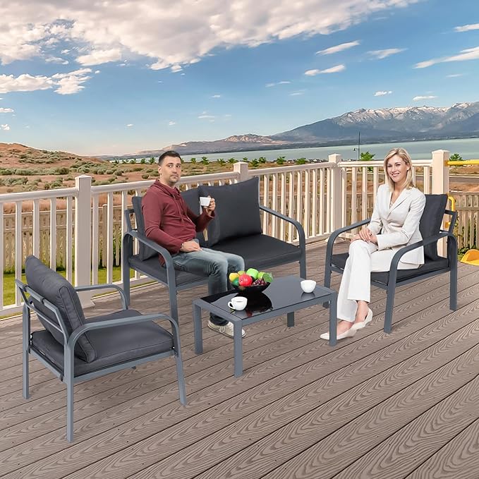 MoNiBloom 4 Pieces Outdoor Patio Furniture, All Weather Conversation Set with Tempered Glass Coffee Table for Garden Backyard Porch Balcony Poolside Deck Lawn, Loveseat Couch and Chairs with Cushions