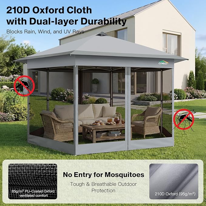 COBIZI 16x16 Pop up Gazebo on Clearance, Hexagonal Outdoor Canopy Tent with Mosquito Netting，Adjustable Height and 256 Square ft of Shade for Party, Backyard, Gardens with Vented Top（Gray）