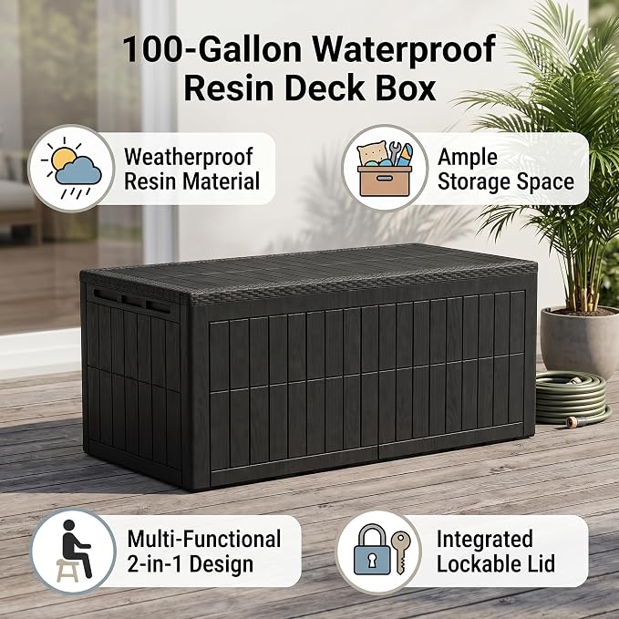 100 Gallon Outdoor Storage Box, Water Proof Resin Deck Box with Lockable Lid, Patio Furniture Storage Container for Cushions, Pool Accessories, Garden Tools, Black