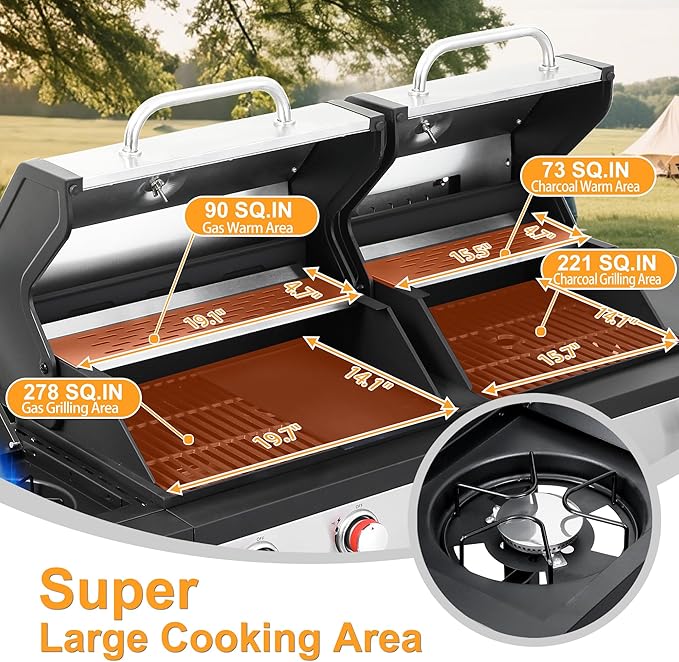 Propane & Charcoal Grill Combo with Cast Iron Grate & Plate, Dual Fuel BBQ Grill for Outdoor Events & Backyard Barbecue with Easy-Clean System, Stainless Steel Lids, Side Burner