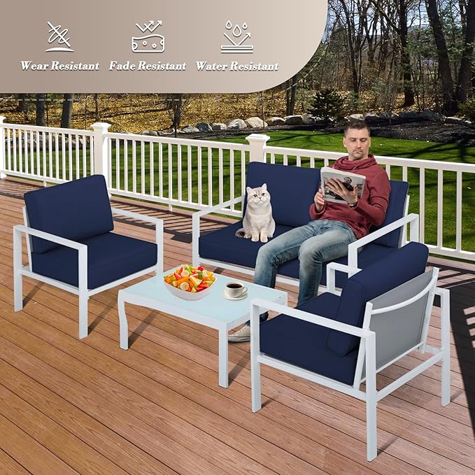 Athena Collection Patio Bistro Set Table and Chairs Set of 4, Outdoor Furniture Set Heavy Duty Conversation Sets Metal Loveseat with Upholstered Seat and Cushions, Blue