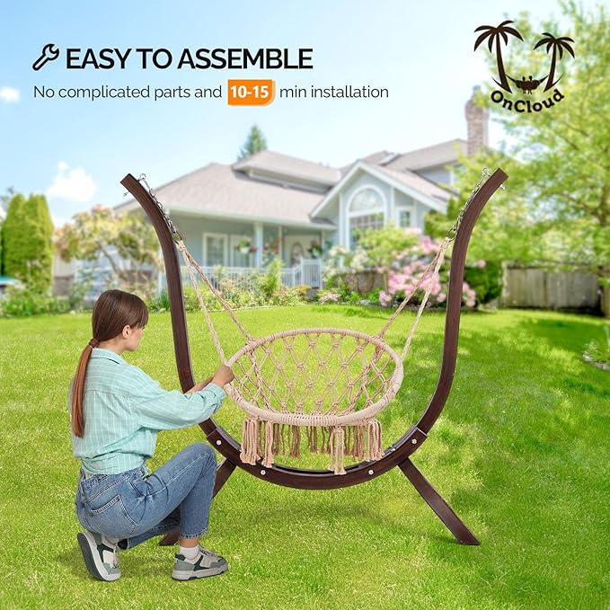 Solid Wood Hammock Stand for Indoor & Outdoor Use, Fit Most Hammock Chairs, Heavy-Duty Arc Design, Weatherproof Coating, Easy Assembly - Carbonized Brown, Sturdy & Stable Hanging Frame (No Chair)