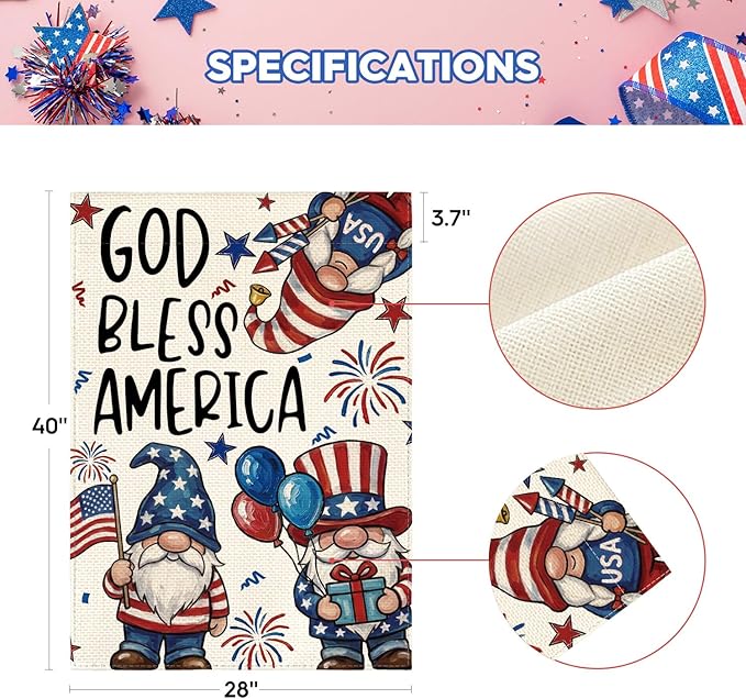 AVOIN colorlife God Bless America Patriotic 4th of July House Flag 28x40 Inch Double Sided Outside, American Stars and Stripes Gnomes Yard Outdoor Decoration