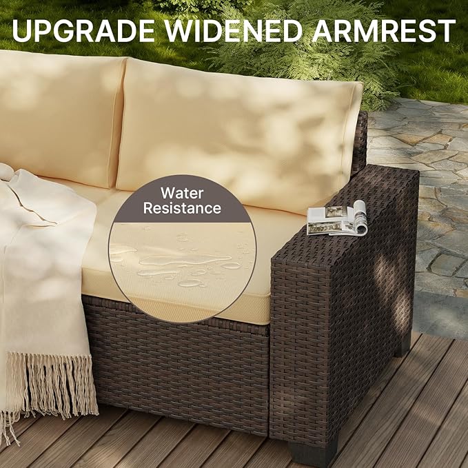 Gizoon 6-Piece Outdoor Patio Furniture Set, PE Wicker Rattan Sectional Sofa Conversation Set with Thickened Cushions, Coffee Table, All-Weather Patio Furniture for Garden, Backyard, Poolside, Beige