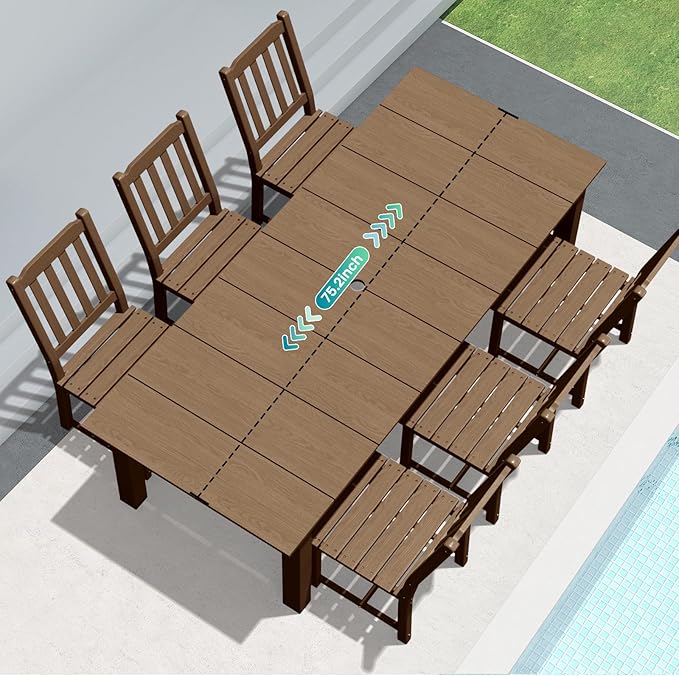 LOUNZY 7 Pieces Patio Dining Sets, Outdoor HDPE Furniture Set for 6 w/ 2" Hole Cut-Out Dining Table with 6 Armless Patio Chairs for Pool, Lawn and Garden,Brown